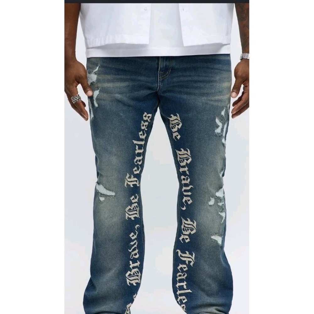 Encrypted Be Brave Be Fearless Distressed Men Black Denim Jeans Size 36